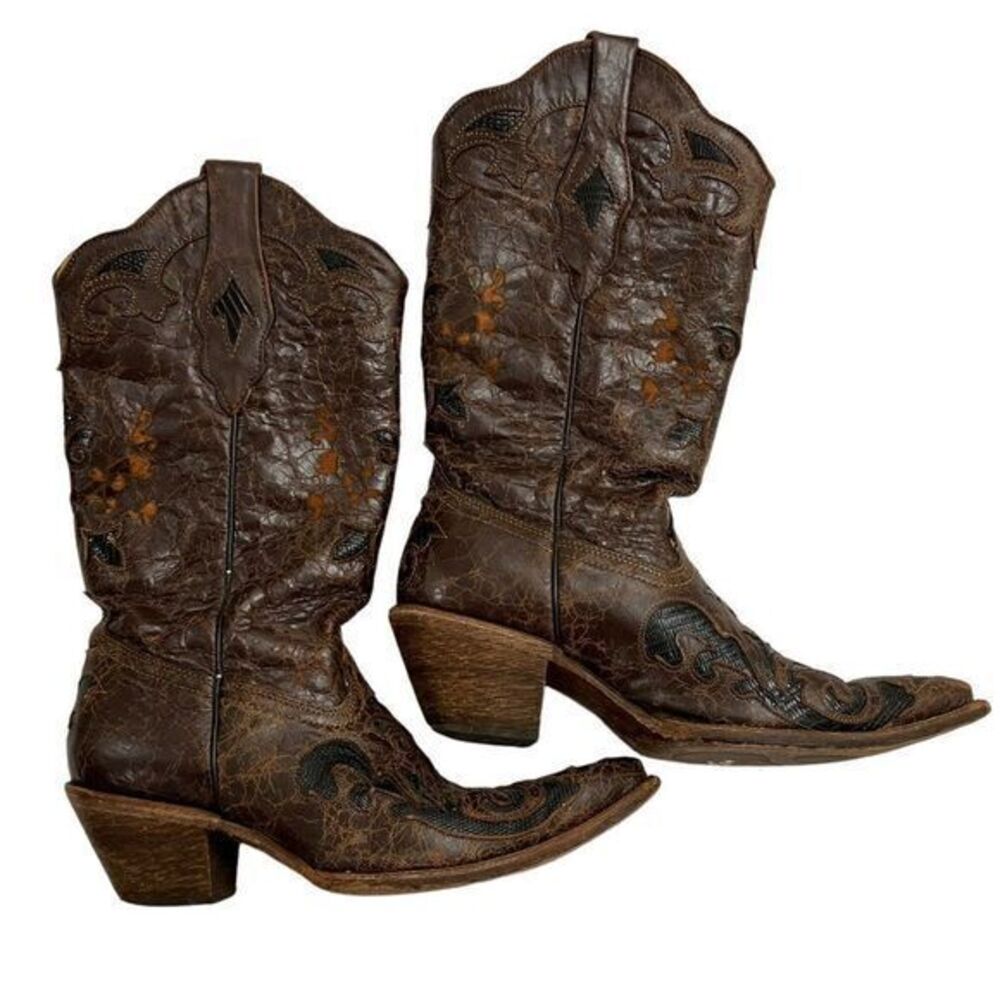 Corral Chocolate Leather Lizard Inlay Distressed Cowgirl Boots